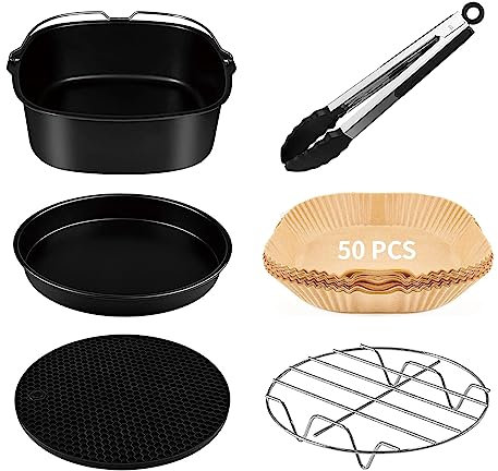 Set di accessori per friggitrice ad aria, adatto a tutte le marche da 5,5 l, confezione da 6 pezzi, con secchio quadrato per torte, teglia per pizza, supporto in metallo,fodera per friggitrice ad aria