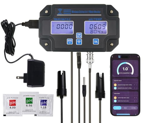 6 in 1 Multiparameter pH-Tester: pH/EC/TDS/Salz/SG/Temperatur mit Drahtloses WLAN Überwachung über Mobile APP Einfach 3-Punkte-Kalibrierung für Fischteiche, Aquarien, Hydrokulturen
