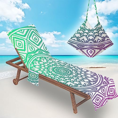 Surwin Mandala Schonbezug Für Gartenliege mit Tasche Strandliegenauflage Frottee Liegenauflage Stuhl Strandtuch Sun Lounger Bezug Sporthandtuch für Schwimmen Garten (75x210cm,Grün)
