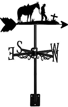 ZNEL Wetterfahne Schwarz Ornament mit Rennfahrer Reiter Pferd Western Cowboy und Kreuz Wetterhahn Dach Windrichtungsanzeiger für Hof im Freien,Style 4