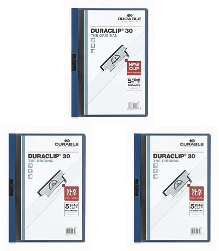 Durable Klemm-Mappe Duraclip (Original 30, Hartfolie, bis 30 Blatt A4, Beutel à 5 Stück) dunkelblau, 222707 (Packung mit 3)