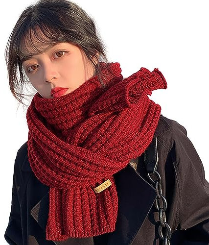 iSpchen Strickschal Damen Wollschals Mode Lang Verdickter Schal Warmer Winter Schal Winddicht Halskrause Vielseitige Einfarbig Halswärmer für Outdoor-Skifahren, Skaten, Radfahren,Rot