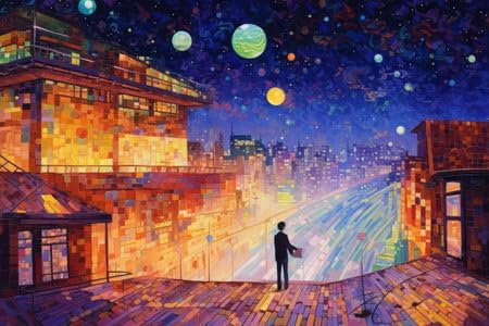 adrium Holz-Bild 90 x 60 cm: Illustration einer wunderschönen Stadt bei Nacht im Mosaik-Farbstil, erstellt mit generativer KI-Technologie. (209870884)