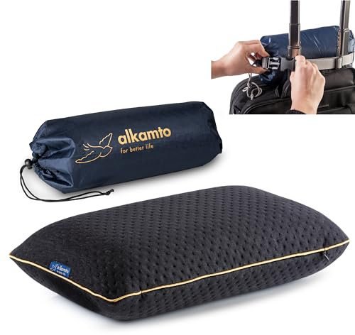 alkamto Reisekissen-Campingkissen-ergonomisches Memory-Schaum-Kissen mit temperaturregulierendem Bezug-Oeko-TEX Made IN Green (40 x 25 x 10 cm - Schwarz)