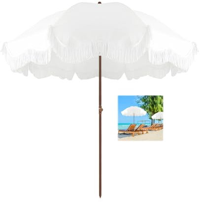 ELZEM Weiß Balkonschirm Uv Schutz 180cm Sonnenschirm Mit Quasten Gartenschirm Wasserdicht Strandschirm Neigbar Terrassenschirm 8 Rippen Für Garten Terrasse Pool Balkon/Tragetasche Höhenverstellbar