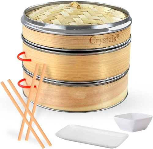Crystals Bamboo Steamer Basket with Lid - 2 Tier Dumpling Steamer Basket for Cooking - Includes 2 Pair Wooden Chopsticks Reusable, 1 Ceramic Plate, 1 Ceramic Dipping Bowl