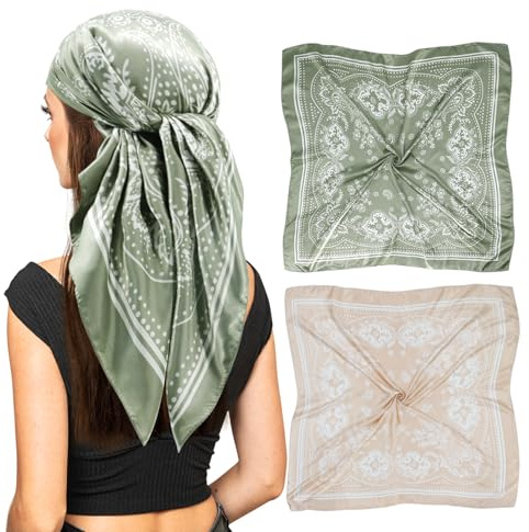 vimate Silk Hair Scarf-Womens Green Camel Paisley Satin Scarf Beach Head Scarf Neck Scarves Lightweight Handbag Accessories (2 Pack-D)