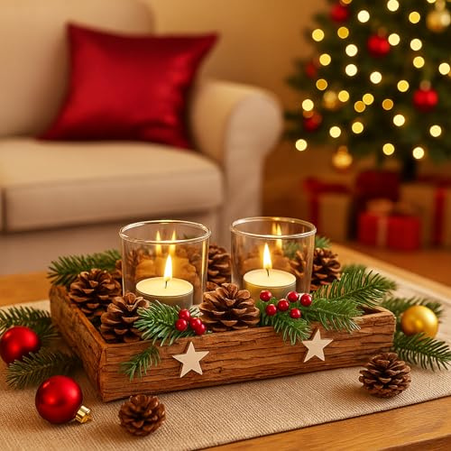 KAMACA Adventsgesteck mit Deko wie Tannenzapfen Beeren Holzumrandung und 2 Glas Kerzenhaltern Advent Weihnachten Adventsdekoration Handarbeit (Adventsgesteck 2 Teelichthalter 28x15x11 cm)