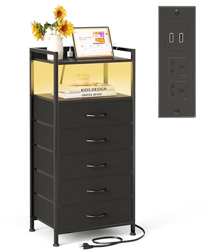MUTUN 5 Drawers Bedside Table for Bedroom, Nightstand with Charging Station and LED Light, Chest of Drawers with 2 Outlets & USB & Type-C Ports, Bed Side Table Cabinet for Living Room, Office Black