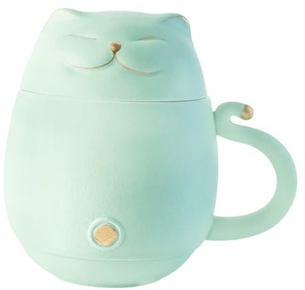GRIRIW Lucky Cat Tea Cup Ceramic Mug Filter Strainer for Girls Lidded Cat Design Mug for Tea Lover