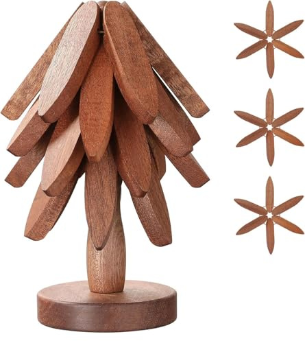 Dessous de verre en bois pour plats chauds, dessous de verre en forme d'arbre, 4 dessous de verre en bois + 1 support comme un sapin de Noël, dessous de verre en bois de sapelli pour casseroles