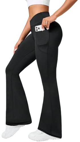 Neteson Pantalon Mujer Campana Elastico Pantalones Acampanados con Bolsillos Cintura Alta Flared Leggins Yoga Pants Mallas Deportivos Push Up Opacos Bootcut Pantalon de Jazz Fitness Casual