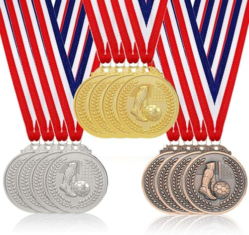 GOMETY 12 Stück Medaillen für Kinder, Gold+Silber+Bronze Metallmedaille Fußball für Sport Siegermedaillen Fussball Kindergeburtstagsfeier Party Jungen, Kinder, Erwachsene Wettbewerbe Sporttages Preise