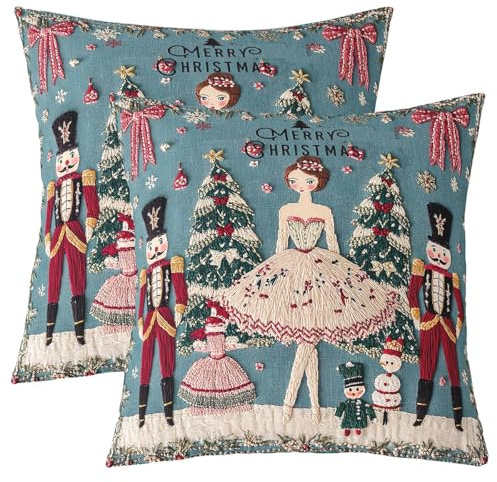 Loussiesd Juego de 2 fundas de cojín cuadradas con diseño de cascanueces de ballet, 40 x 40 cm, fundas de almohada reversibles de Navidad con dibujos animados, decoración del hogar, estilo bordado,