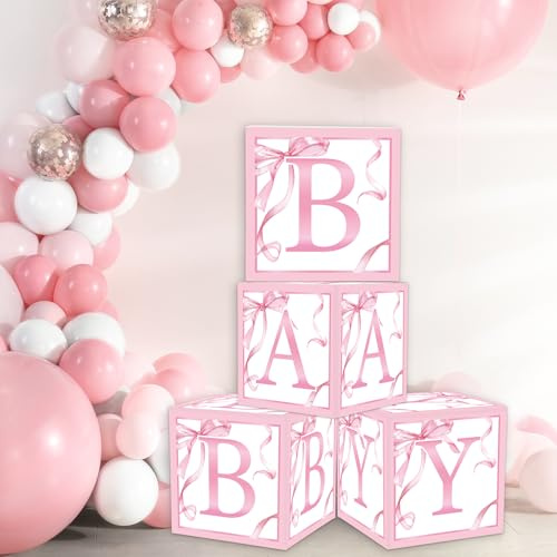 FYSUIMU 4 x Babyparty-Briefkasten, rosa Schleife, Ballon-Box, Aquarell-Schleife, Party-Geschenkboxen für Babyparty, Geschlechtsoffenbarung, Dekorationen