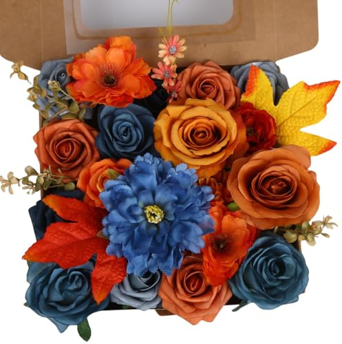 LITOYNAN Artificial Flowers Combo, Teal Orange Silk Roses, Peonies, Dahlias with Stems for DIY Wedding Bouquets, Baby Shower, Table Centerpieces, Home Decor, Fake Floral Arrangements
