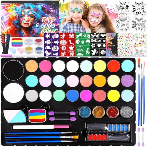 LPAOIS Kinderschminke Set 52 Farben Kinderschminken Set,Gesichtsfarbe Kinderschminken,Halloween Schminke mit 60 Schablonen,Strasssteine,Berufs Pinsel,Kinderschminken für Fasching Halloween Karneval