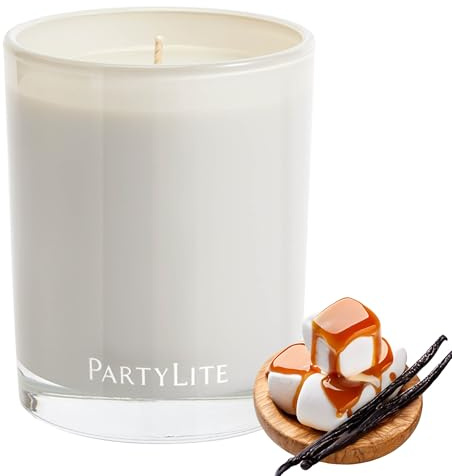 PartyLite Marshmallow Vanilla Escential Jar Kerze, parfümiert mit Karamell und Zuckerrohr, 220 ml, 1 Docht, wiederverwendbares Glas, 50 Stunden Brenndauer, Aromatherapie-Duft für Zuhause