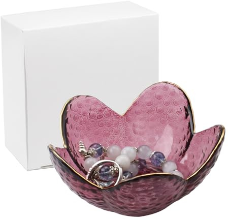 Glass Flower Ring Holder Jewelry Dish with Box, Decorative Purple Trinket Tray, Women Vanity Jewelry Plate Tray Ring Bowl for Earrings Necklaces Bracelet Decor(Purple)