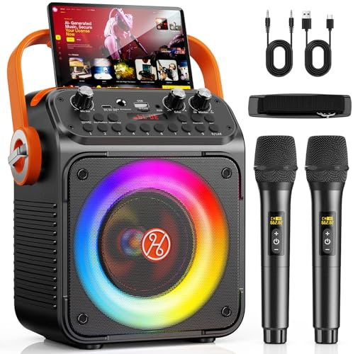 HWWR Karaoke Maschine Karaoke Anlage mit 2 Mikrofonen für Erwachsene & Kinder Bluetooth Lautsprecher mit Vorverstärker für Mikrofone, Tragbare Bluetooth Party Karaoke Box - Geschenk