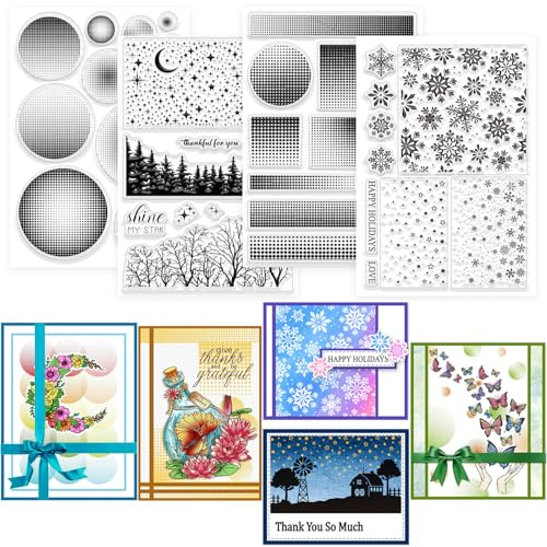 GLOBLELAND 4 Blatt Gradient Hintergrund Clear Stempel für Scrapbooking Schneeflocken Sterne Silikonstempel Dot Gradient Muster Transparent Stempel Set für Kartenherstellung DIY Prägen Journaling