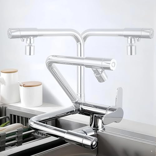 wasserhahn 3 wege vorfenster küchenarmatur,Trinkwasserhahn mit 360° Drehbarkeit, Doppelhebel, 3-in-1 Funktion für Wasserfilter, Heiß- und Kaltwasserauslauf, Hochdruckarmatur, Messing(Chrom)
