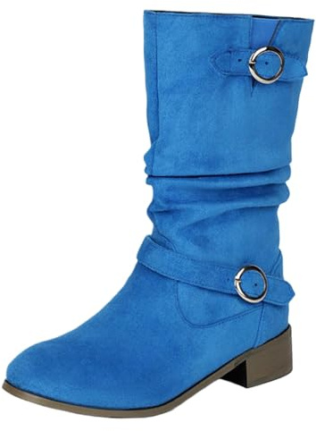 Onewus Stövlar med spänne och veckad look | 25 cm skafthöjd | slip-design | 3,5 cm platt klack | halkfri gummisula | mjukt mocka, blå, 40 EU