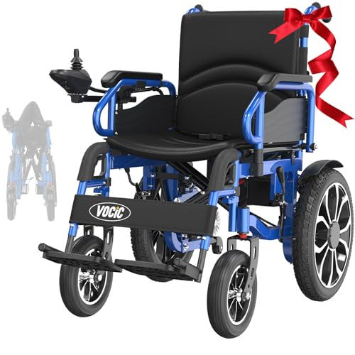VOCIC V56 Foldable Electric Wheelchair, Max 150kg, 40cm Tyres, 30km Range | Foldable Power Mobility Wheelchair for Adults with Large Pneumatic Tyre for Outdoor, Easy to Transport for Travel, Blue