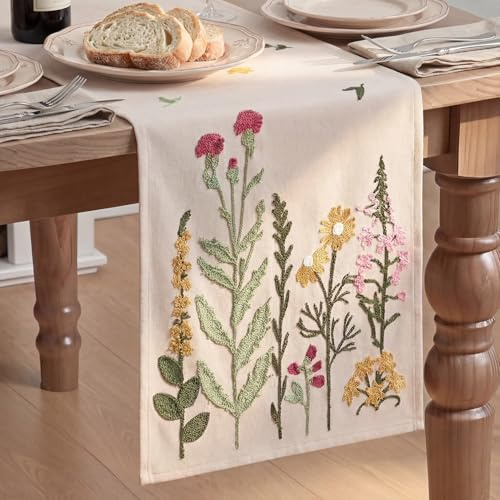Artoid Mode Camino de mesa con bordado de cadena suave, flores silvestres, primavera, 33x183 cm, decoración de mesa de verano para la cocina, vacaciones, fiesta