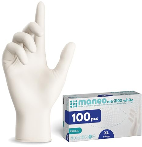 maneo 100 gants jetables blancs taille XL, protections en nitrile non poudrées sans latex, articles en caoutchouc à usage unique, protection résistante pour nettoyage, cuisine et travaux ménagers
