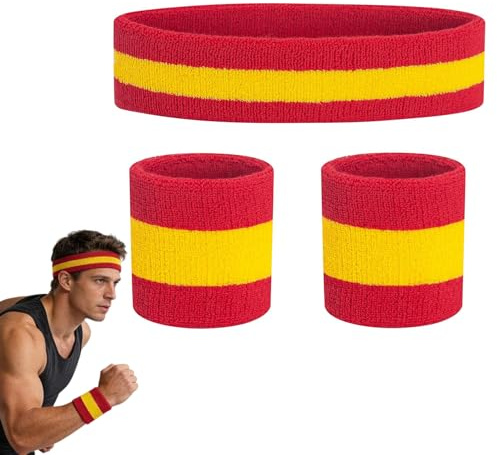 Set Fascia Capelli e Polsini Sportivi Rosso e Giallo, fascia sudore fronte e polsini tennis per uomo e donna, ideale per corsa, palestra, basket e feste a tema, confezione da 3 pezzi