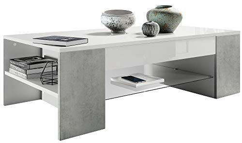 Vladon Table de Salon Clip, Table d’appoint avec 2 Compartiments latéraux et 1 Plaque de Verre, Blanc Mat/Aspect Béton Oxyde (118 x 37 x 60 cm)