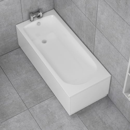 1500 x 700mm Single Ended Straight Bath with Front and End Acrylic Bath Panels for Bathroom, Baths Soaking Tubs, White Gloss - Round