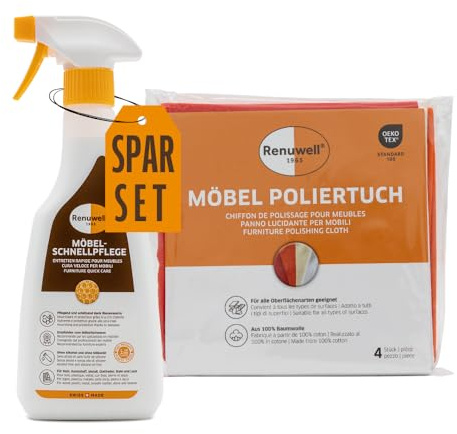 Renuwell Möbel Schnellpflege (500 ml) & Möbel-Poliertuch (1 Stück) – Effektive Reinigung, Pflege & Politur für Holz, Kunststoff & Metall
