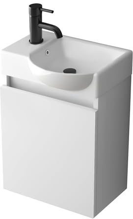 Alpenberger Waschtisch Gäste WC 45 cm Waschbecken mit Unterschrank Weiß | Waschtisch mit Unterschrank hängend: Keramik Becken (Rechts) mit Überlauf, Soft-Close Tür, für Gäste WC & kleine Bäder