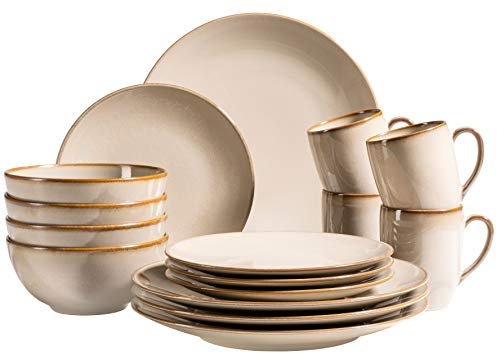 MÄSER 931736 Service de table pour 4 personnes style méditerranéen vintage 16 pièces gris sable, céramique, gris sable
