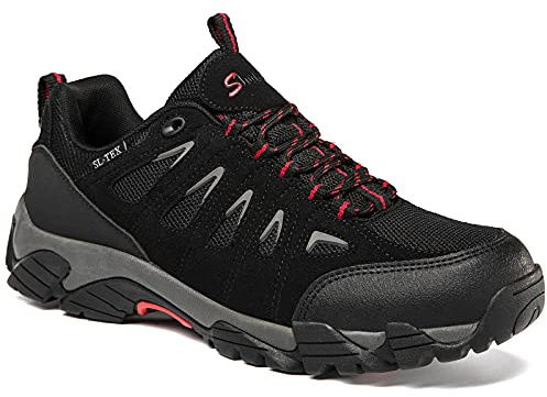 SHULOOK Men's Waterproof Hiking Shoes Lightweight Anti Slip Outdoor Ankle Boots Breathable Hike Trekking Trails Shoe Black/Red 7