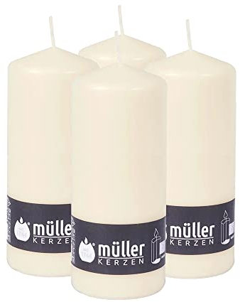 Müller Stumpenkerzen - Set mit 4 Säulenkerzen - Farbe Elfenbein - 80 x 200 mm - Lange Brenndauer: 32 Stunden - Tropffrei Wachskerzen, Ohne Duft - RAL Qualität