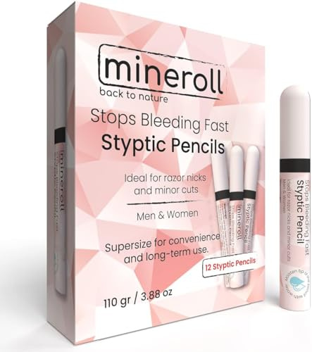 MINEROLL Styptic Stifte (12 Stück), Rasierzubehör, für Männer und Frauen, Alaunstift adstringierend, adstringierender Stift, schnell für Rasurkratzer und Rasierschnitte, natürliches Material