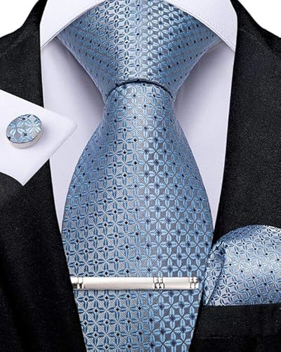 DiBanGu Silk Blue Ties for Men Necktie and Pocket Square Cufflinks Tie Clip Set Woven Classic Formal Wedding Ties
