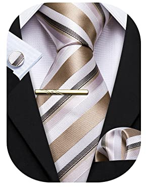 Barry.Wang Herren Seiden-Geschäftskrawatten mit Taschentuch Manschettenknopf-Streifen Plaid-Krawatten-Set Feierliche Hochzeit