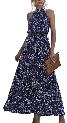 EFOFEI Señora Alto Cuello Halter Vestidos Fiesta Boho Vestidos Sin Mangas Verano Largo Vestido Fuera Hombro Elegante Vestido Punto Marino Azul L