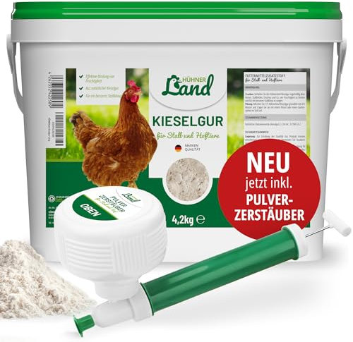 HÜHNER Land Kieselgur für Hühner 4,2kg INKLUSIVE Stäubeflasche - Reines Kieselgur Hühner Pulver, Kieselerde Pulver, Naturprodukt für Hühnerstall