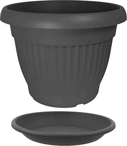 MePla - Blumentopf Pflanzkübel Campana Rippe ø60 cm + Untersetzer ø49 cm, Anthrazit, wetterfest aus UV-beständigem Kunststoff