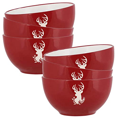 Set of 6 Bowls Red & White Stoneware Crockery Dinner Service | Dishwasher Safe, Microwave Safe, Hand Painted, Dessert Bowl, Breakfast Bowl, Dinner Set