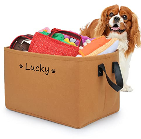 Personalisierte Hundespielzeug Aufbewahrungsbox mit Namen, Faltbar Aufbewahrungskorb mit Ledergriffen, Filz spielzeugkiste für die Organisation von Lebensmittel Kleidung und Haustierzubehör(Braun)