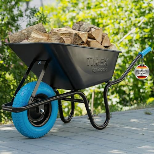 TIREX by xonic® Schubkarre mit Stahlfelge – Verzinkte Wanne bis 250kg/ 100l - Robuste Ausführung für Garten und BAU – Schieb-Karre mit PU Vollgummi-Rad - Blau- Schwarz