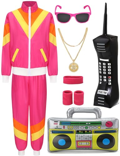 Miulruma 80er Jahre Kostüm Herren Damen Trainingsanzug Jacke Hose Anzug mit 80er Accessoire 80er 90er Jahre Outfit Kleidung für Herren Retro Stil Schlagerparty Bad Taste Party Roserot A003L