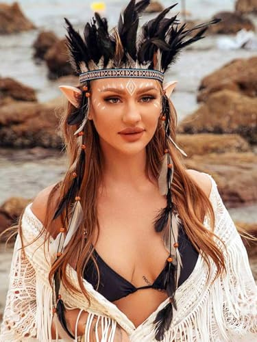 Zoestar Fascia per capelli con piume Corona Copricapo tribale indiano Costume da festival Copricapo Carnevale Fascinator Accessori per capelli per donne e ragazze
