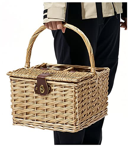 Tragbarer Picknickkorb aus Weidengeflecht mit Griff, Weidenkorb mit abgetrennten Stauräumen, langlebiger, Leichter Lebensmittelkorb mit Deckel, für Outdoor-, Familien-, Camping-Picknick (30 x 30 x 20